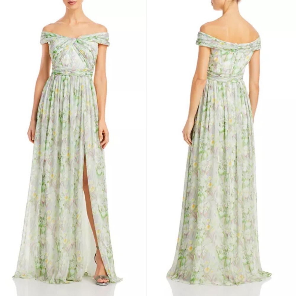 Adrianna Papell Off-Shoulder Floral Maxi Dress in Light Green and Yellow